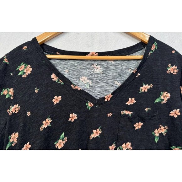 Torrid Heritage V-Neck Pocket Tee Slub Jersey Black Pink Floral Womens Size 1 1X - Picture 5 of 9